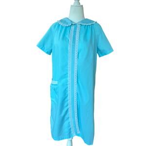 Vintage Dan-Ellen Blue 1970s Snap Front House Dress Women's Size M 42”L Cottage